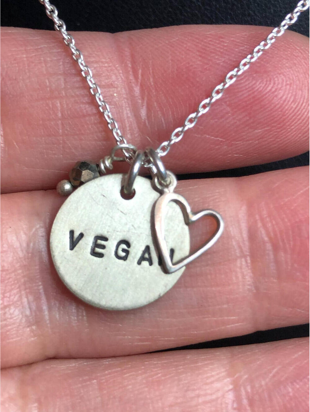 4330 Sterling Silver Signed RMN 925 "VEGAN" heart charm pendant necklace 16"